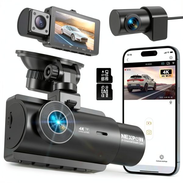NEXPOW 3 Channel 4K WiFi Dash Cam Front Rear Cabin Recording-0