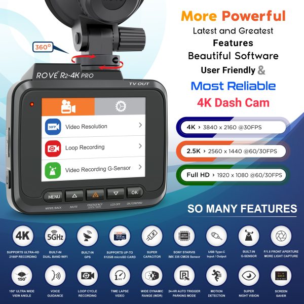 ROVE R2 4K PRO Dash Cam GPS 5GHz WiFi 2160P UHD-1