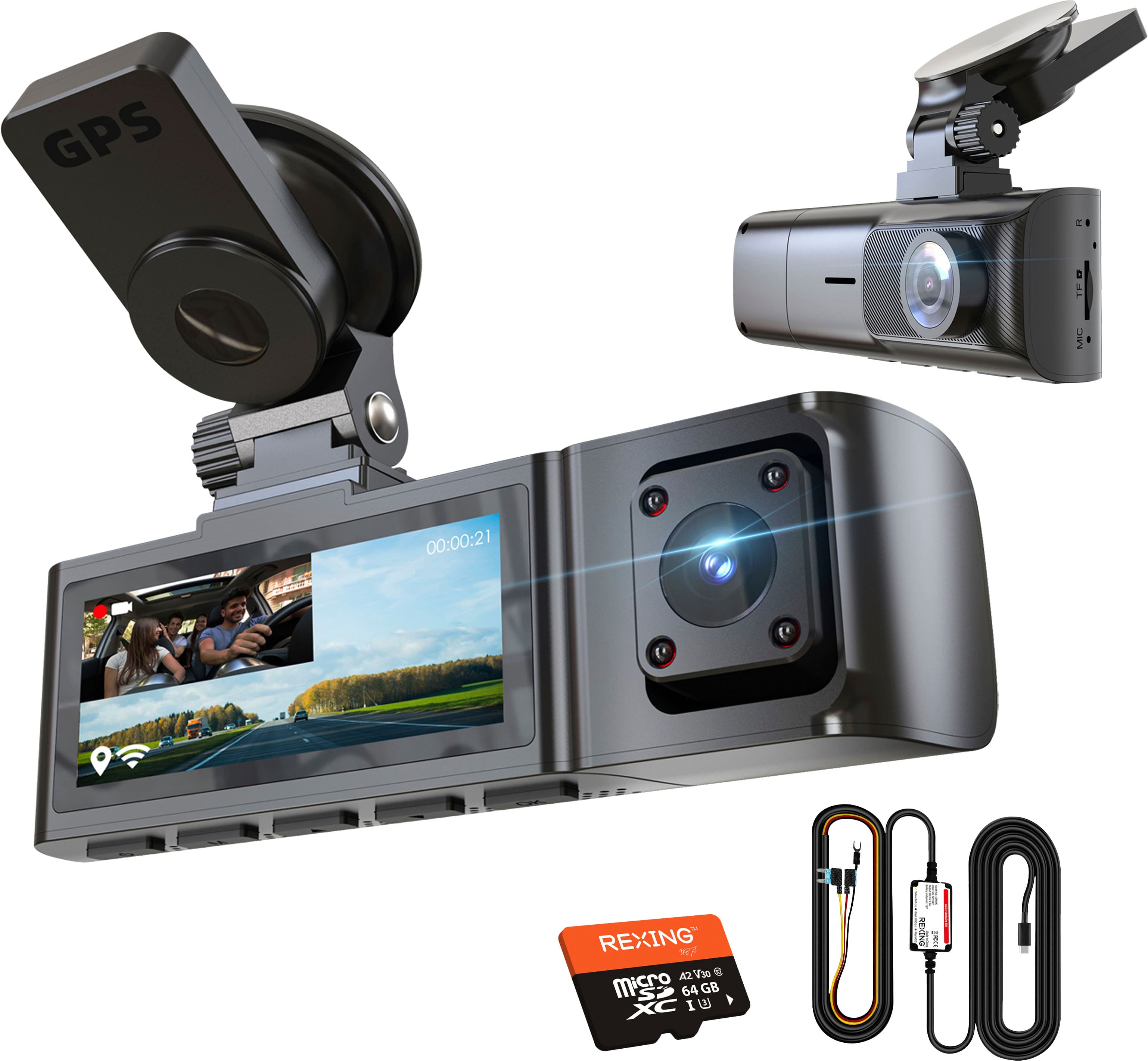 Rexing R316 dash cam mounted on windshield with clear front view