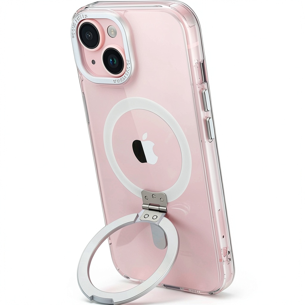 SaharaCase iPhone 15 Plus showing kickstand usage on desk