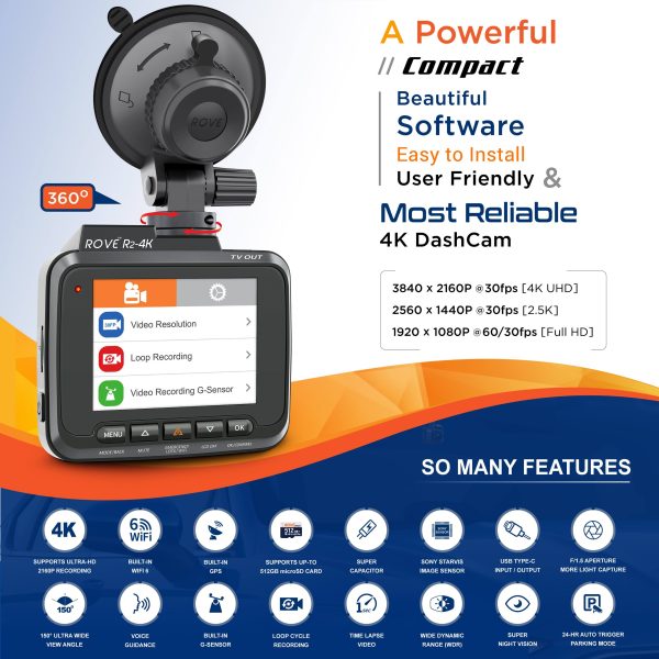 ROVE R2 4K Dash Cam Ultra HD Recording Built In Wi Fi GPS-1