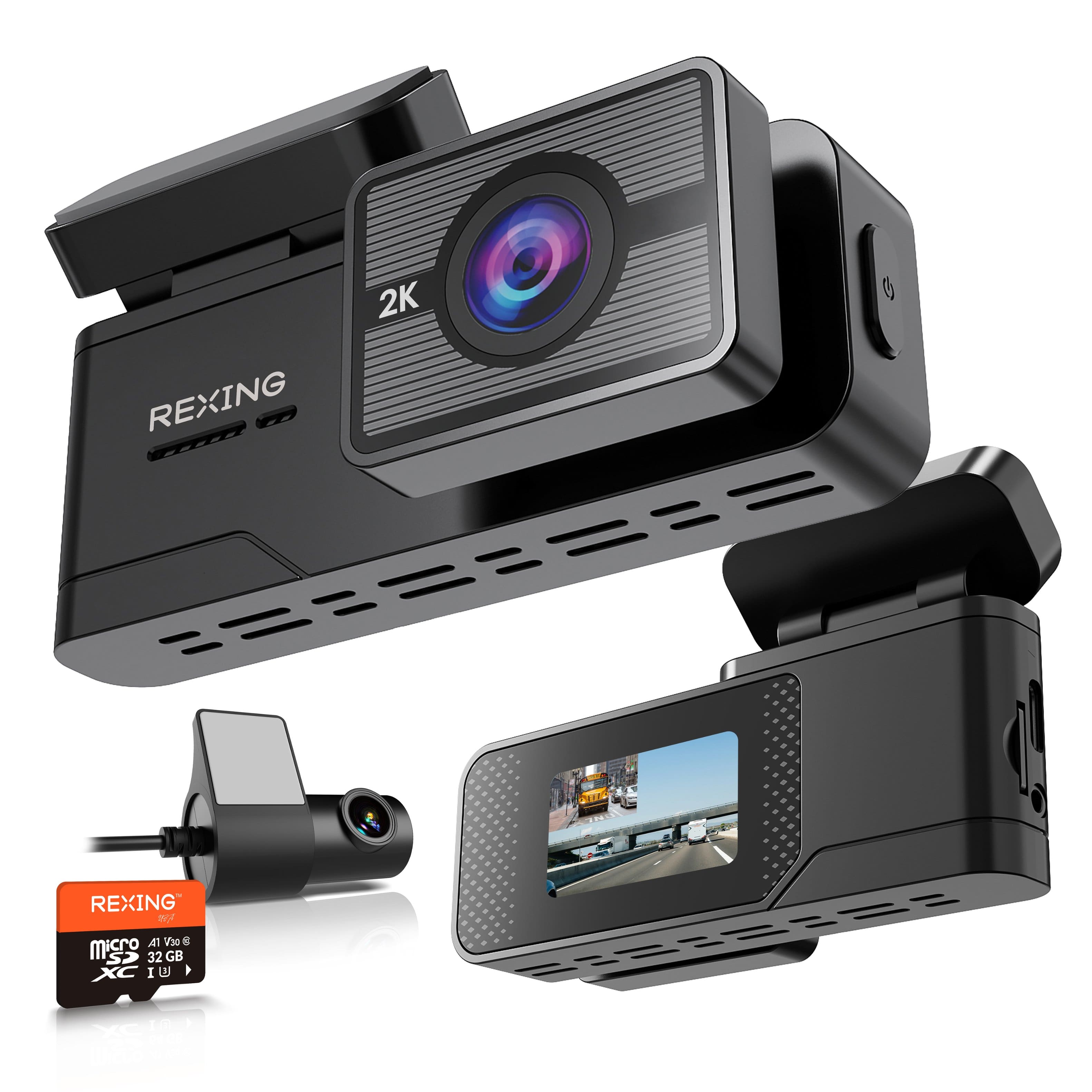 Rexing C2 dash cam mounted on windshield with dual camera view