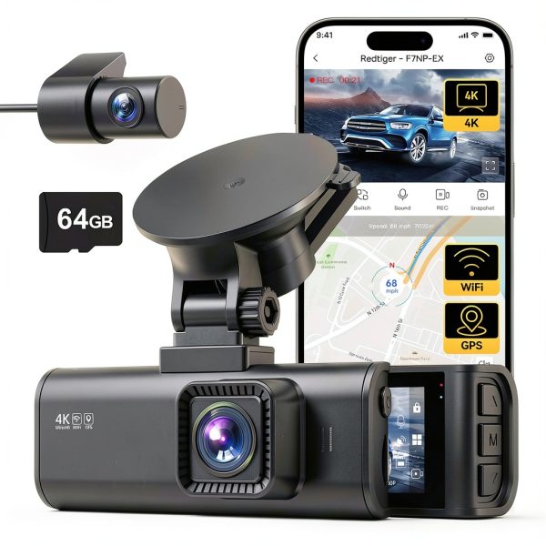 REDTIGER 4K Dash Cam GPS Night Vision 64GB Card-0