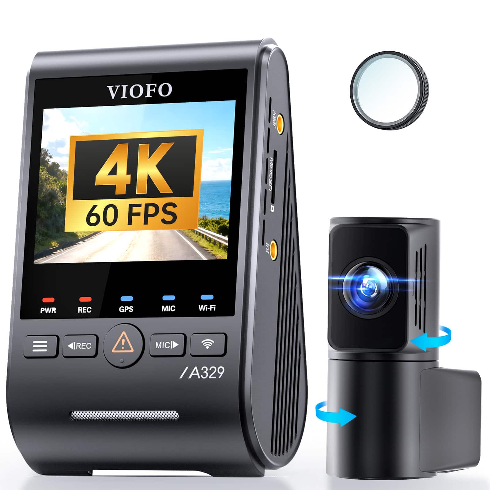 VIOFO A329S dash cam installed on a car windshield with clear road view