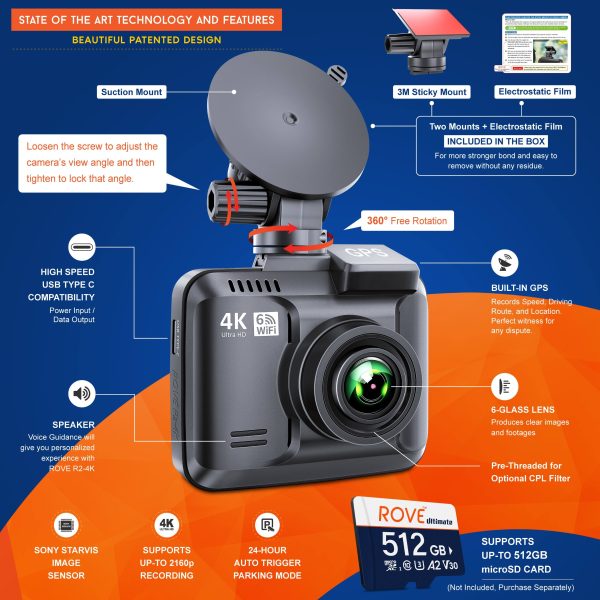 ROVE R2 4K Dash Cam Ultra HD Recording Built In Wi Fi GPS-2