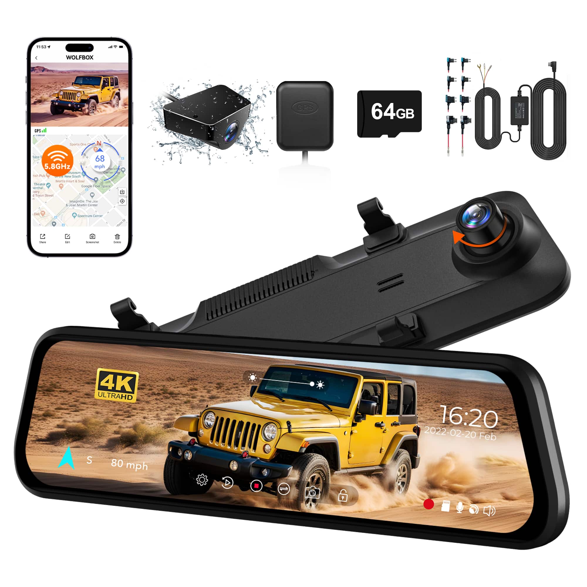 WOLFBOX dash cam displaying clear 4K video on 12-inch screen in car