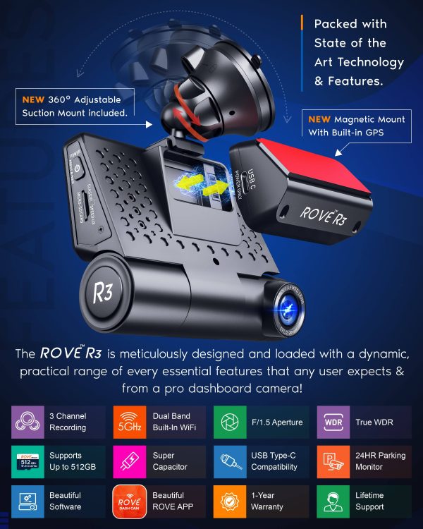 ROVE R3 Triple Channel Dash Cam Touch Screen WiFi GPS-1